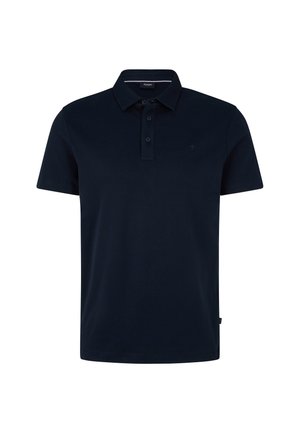 Polo bleu marine en coton, avec un col et trois boutons, arborant un petit logo brodé sur la poitrine. Manches courtes.