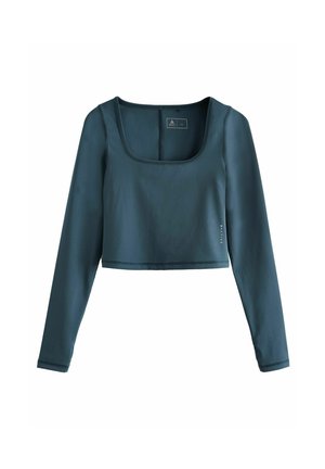 Turkusowy, długi rękaw crop top wykonany z gładkiego, elastycznego materiału. Posiada kwadratowy dekolt oraz subtelny akcent z logo z boku.