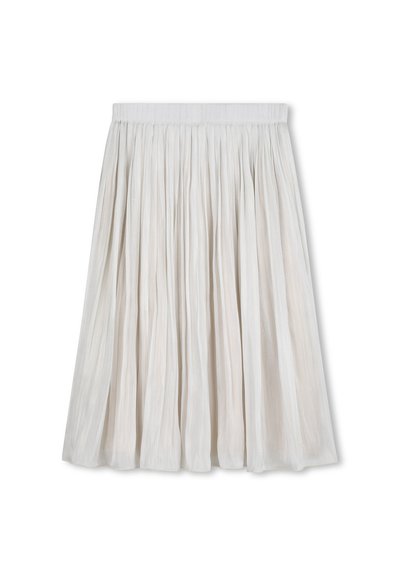 Πλισέ μίντι φούστα σε ανοιχτό μπεζ ύφασμα, με ελαστική μέση και ροή, προσφέροντας απαλή υφή και κίνηση.