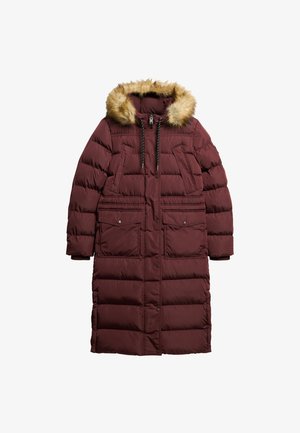 Bordeaux gevoerde parka jas met een met bont gevoerde capuchon, ritssluiting en twee grote voorzakken. Heeft een doorstikt ontwerp voor isolatie.