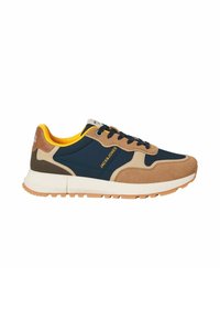 Baskets sportives pour homme en bleu marine, beige et marron avec une semelle blanche et une doublure intérieure jaune, avec des lacets noirs et la marque JACK & JONES.