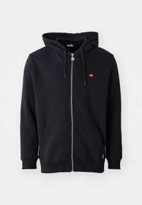Schwarze Kapuzensweatjacke aus weichem Baumwollmaterial. Mit einer Fronttasche, verstellbarem Kordelzug an der Kapuze und einem kleinen gestickten Logo auf der linken Brust.