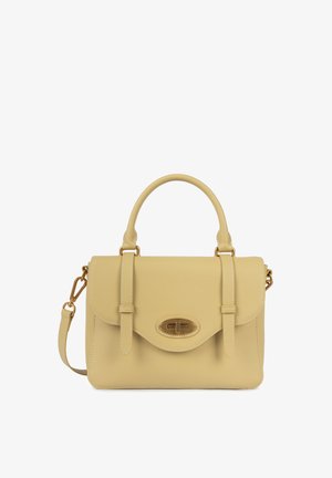 Gelbe Lederhandtasche mit strukturierter Form, doppelten oberen Griffen, abnehmbarem Gurt, umklappbarem Deckel und Akzenten aus goldfarbenem Metall.