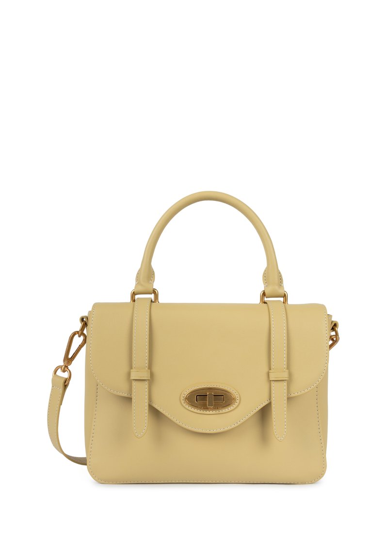 Borsa a tracolla in pelle gialla con forma strutturata, doppio manico superiore, tracolla rimovibile, pattina pieghevole e dettagli in hardware dorato.