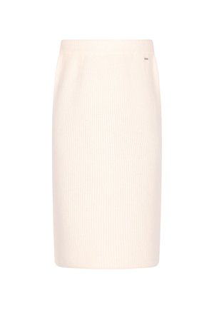 Strikket blyantskirt i blød hvid, med en tætsiddende facon, ribbet tekstur og en subtil logoaccent på taljen.