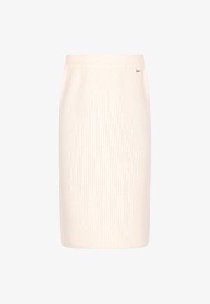 Pletená tužková sukně v jemně bílé barvě, s přiléhavým střihem, ribbovanou strukturou a diskrétním logem na pásku.