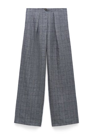 Hoch taillierte, weit geschnittene Hose im grau-schwarzen Prince of Wales-Karo mit Vorderfalten und Ein-Knopf-Verschluss.