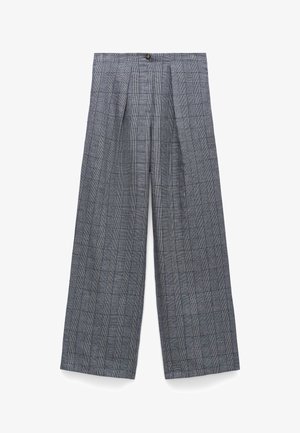 Pantaloni a vita alta e gamba larga con motivo Principe di Galles grigio e nero, con pieghe frontali e chiusura con un bottone singolo.
