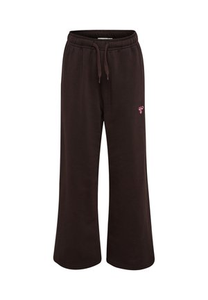 Dunkelbraune Palazzohose mit weitem Bein, elastischem Kordelzugbund und kleinem pinkfarbenem Schmetterlingslogo am oberen linken Oberschenkel.