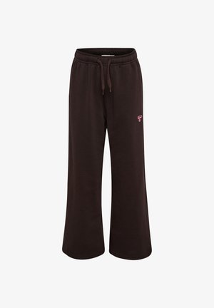 Dunkelbraune Palazzohose mit weitem Bein, elastischem Kordelzugbund und kleinem pinkfarbenem Schmetterlingslogo am oberen linken Oberschenkel.