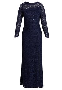 Navy blue lace dress with long sleeves, floral pattern, sequins, fitted bodice, and a side slit for ease of movement.