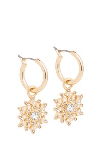 Goldfarbene Creolen mit einem Schneeflocken-Design, verziert mit klaren Strasssteinen und filigranen Details. Leicht und mit einer polierten Oberfläche.