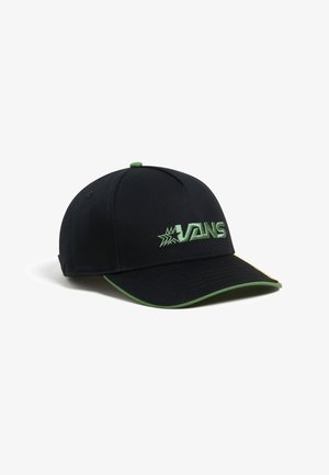 Cappello nero con dettagli verdi; presenta il logo "VANS" ricamato, design strutturato, visiera curva e cinturino regolabile sul retro.
