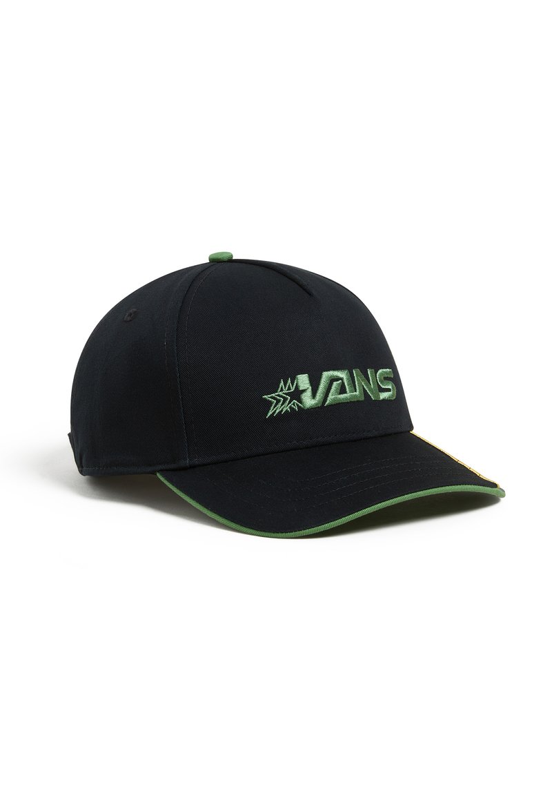 Schwarze Kappe mit grünen Akzenten; verfügt über das gestickte "VANS"-Logo, strukturiertes Design, gebogenen Schirm und verstellbaren Rückriemen.