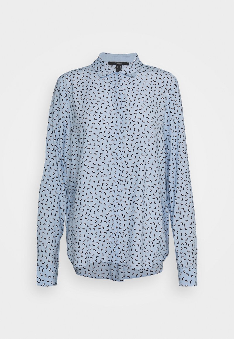 Light blue blouse featuring a black abstract pattern, long sleeves, a collar, and a button-down front. Smooth fabric with a relaxed fit.