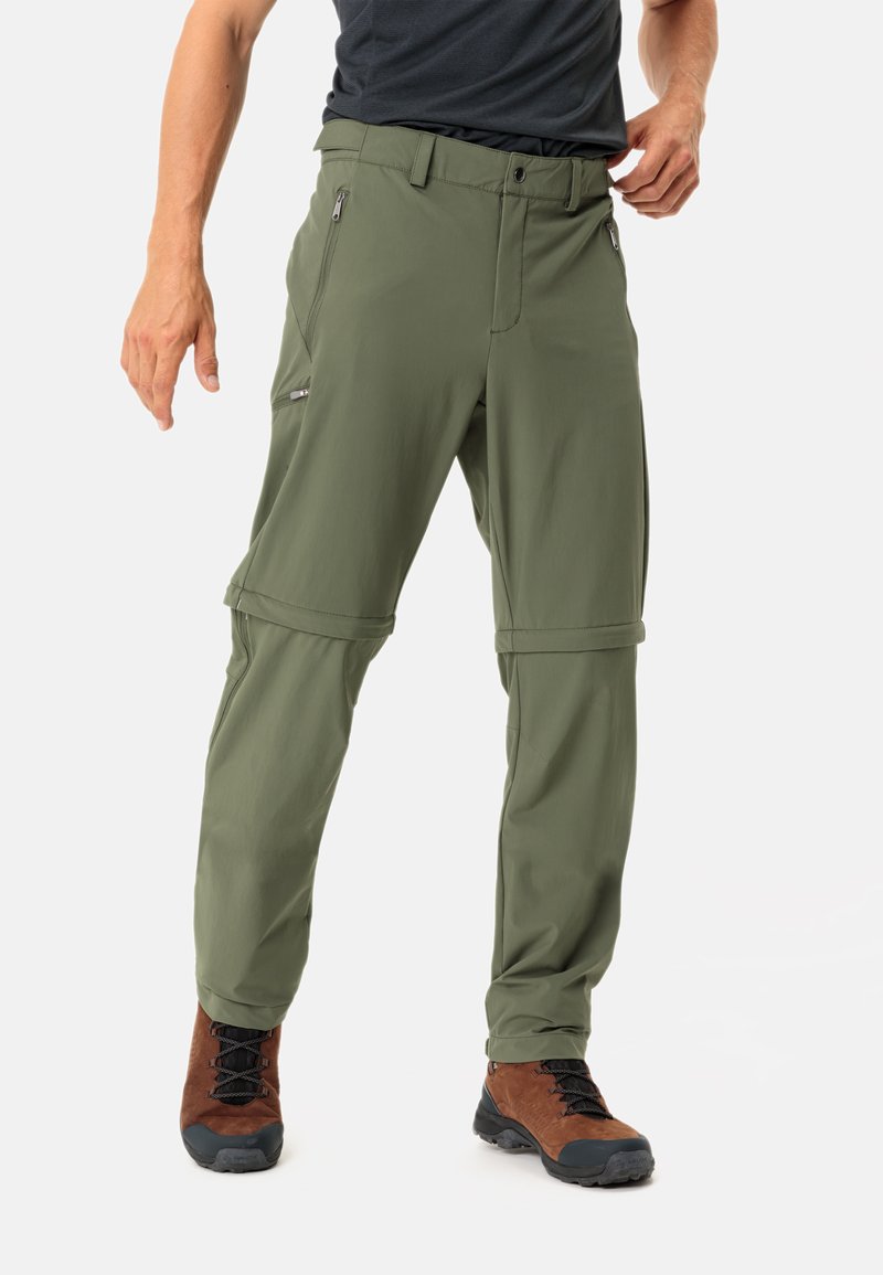 Olivgrüne, leichte, abnehmbare Wanderhose mit glatter Textur, seitlichen Taschen und verstärkten Nähten für Langlebigkeit.