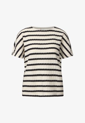 Gestreept T-shirt met korte mouwen in crème en marineblauw, gemaakt van een textuurstof met horizontale strepen. Ronde halslijn en een relaxte pasvorm.