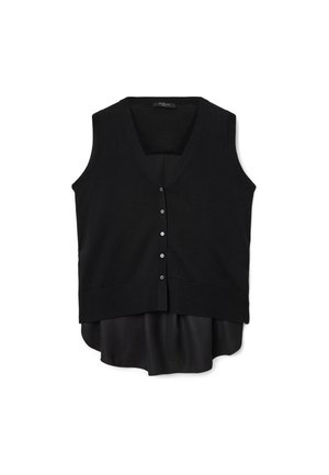 Czarny bezrękawnik z dekoltem w serek, zapinany na guziki, o miękkiej dzianinowej fakturze, nałożony na czarną satynową bluzkę z nieco dłuższym dołem.