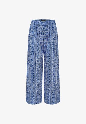 Niebieskie szerokie spodnie z białym, skomplikowanym wzorem paisley, elastycznym paskiem w talii oraz miękką fakturą materiału.