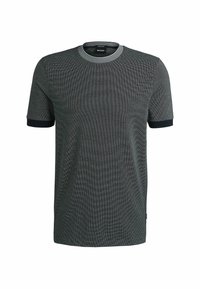 T-shirt a maniche corte e collo rotondo, di colore grigio scuro con un motivo testurizzato, polsini neri a contrasto e un logo sottile al collo.