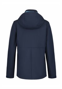 Giacca con cappuccio blu navy realizzata in un tessuto liscio e resistente all'acqua. Presenta una ventola posteriore e polsini elasticizzati, progettata per il comfort e la mobilità.