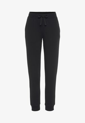 Schwarze Sweatpants mit einem elastischen Bund und Kordelzug, schmal zulaufenden Beinen und gerippten Bündchen an den Knöcheln. Weicher Stoff.