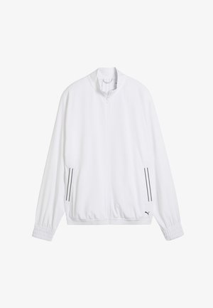 Witte jas met ritssluiting gemaakt van gladde stof. Voorzien van elastische manchetten, zijzakken en zwarte accentstrepen langs de zakken.