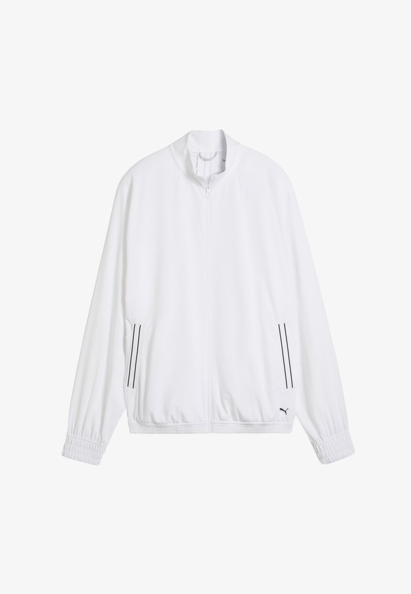 Veste blanche à fermeture éclair en tissu lisse. Caractéristiques : poignets élastiqués, poches latérales et bandes noires décoratives le long des poches.