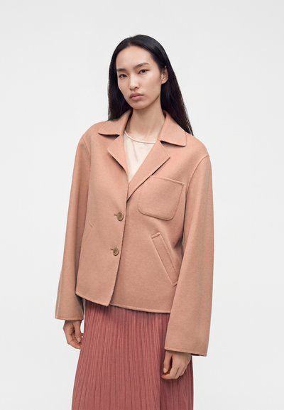 Femme aux longs cheveux foncés portant une veste boutonnée marron clair par-dessus un haut blanc et une jupe plissée rose sur un fond uni.
