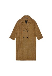 Abrigo de diseño de espiga marrón con doble botonadura, cuello con muescas y mangas de longitud media. Tela de punto texturizada, con bolsillos laterales.