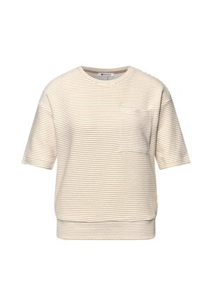 Maglietta a maniche corte color crema a coste con sottili strisce orizzontali marroni e taschino sul petto, con scollatura rotonda e vestibilità comoda.