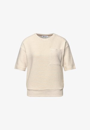 Kremfarvet ribbet kortærmet skjorte med horisontale tynde brune striber og en brystlomme, med rund halsudskæring og afslappet pasform.