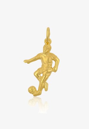 Ciondolo a forma di giocatore di calcio in tono oro, raffigurante una figura stilizzata in movimento con dettagli accurati, che calcia un pallone da calcio, superficie strutturata.