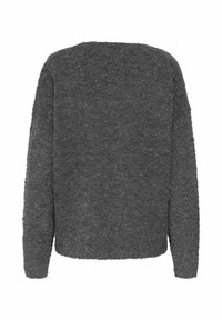 Tamsiai pilkas megztinis iš minkštos, tekstūruotos medžiagos. Ilgos rankovės ir apvalus iškirpimas. Paprastas, kvadratinis dizainas be puošmenų.