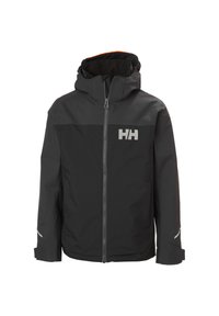 Czarna wodoodporna kurtka z kapturem, kontrastowy szary panel na klatce piersiowej, srebrne logo na lewej piersi i odblaskowe akcenty na rękawach.