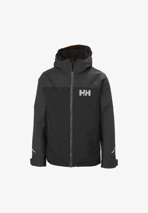 Czarna wodoodporna kurtka z kapturem, kontrastowy szary panel na klatce piersiowej, srebrne logo na lewej piersi i odblaskowe akcenty na rękawach.