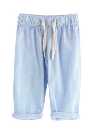 Lyseblå løstsiddende bukser med elastisk taljebånd, cremefarvet snøre og opkrogede manchetter, velegnet til afslappet brug.