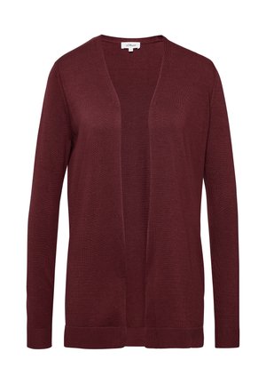 Bordeauxkleurige cardigan met een open voorkant ontwerp, lange mouwen, geribbelde boorden en zoom, gemaakt van zacht breimateriaal met een gladde textuur.