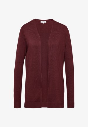 Bordeauxfarbener Cardigan mit offenem Vorderdesign, langen Ärmeln, gerippten Bündchen und Saum, aus weichem Strickmaterial mit glatter Textur.