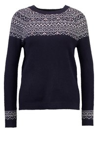 Marineblau gestrickter Pullover mit einem gemusterten weißen und grauen Einsatz. Hat lange Ärmel und einen runden Halsausschnitt. Weicher Stoff und lockere Passform.