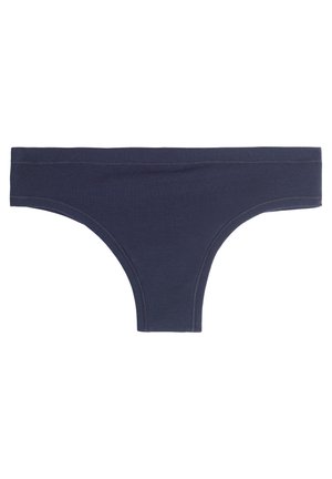 Navy blue cotton thong with a wide waistband and smooth texture. Features no patterns or embellishments, designed for minimal coverage.