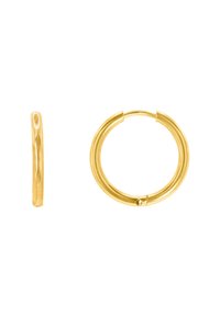 Orecchini a cerchio in oro con un design liscio e arrotondato. Presentano una forma snella e un meccanismo di chiusura sicuro con un piccolo punto decorativo.