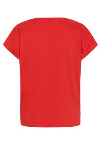 Tricou roșu cu mânecă scurtă și guler rotund. Fabricat dintr-un material de bumbac moale, acesta are un design simplu și o culoare solidă fără modele.