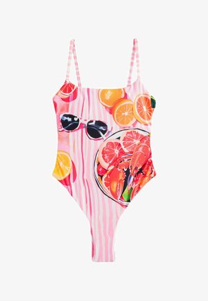 Enbitarbadrock med ett rosa randmönster som har färgglada frukt- och skaldjursgrafik. Justerbara remmar, åtsittande passform, livlig design.