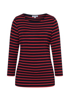 Marineblaues Langarmshirt mit horizontalen roten Streifen und rundem Ausschnitt, Größe 36, mit dem Etikett "More & More".