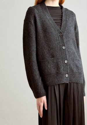 Femme portant un cardigan gris foncé boutonné avec deux poches avant sur une robe plissée noire, debout devant un fond uni.