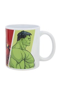 Ceramic mug featuring a green superhero illustration with a muscular build, set against red and green backgrounds, with a smooth white finish.