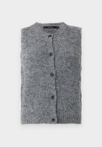 Gilet grigio lavorato a maglia con un colletto alto, chiusura frontale con bottoni e cinque bottoni neri, caratterizzato da un tessuto morbido e testurizzato.