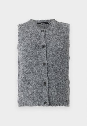 Grå strikket vest med høy hals, frontlukk og fem svarte knapper, laget av et teksturert og mykt stoff.