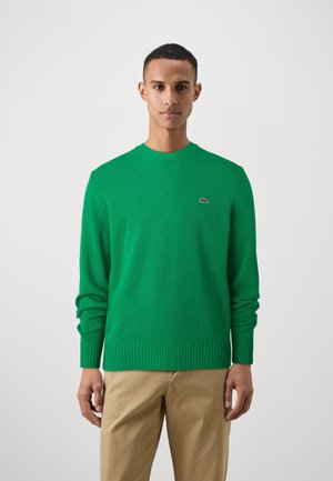 Groene gebreide trui met een ronde hals en geribde manchetten. Heeft een klein, geborduurd logo op de borst. Gepaard met beige broek.